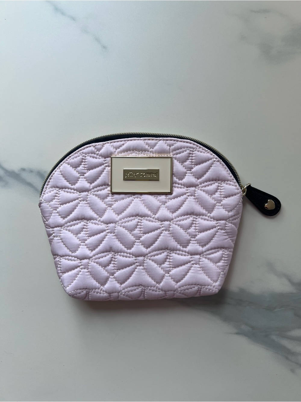 Betsy Johnson Cosmetic Pouch in Quilted Pale Pink with Gold and Black Accents